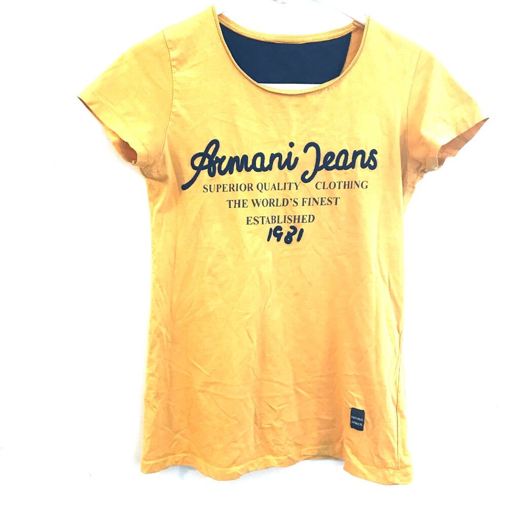 Emporio Armani T-shirt women S Yellow/Black spell out Embroidery Retro Luxury